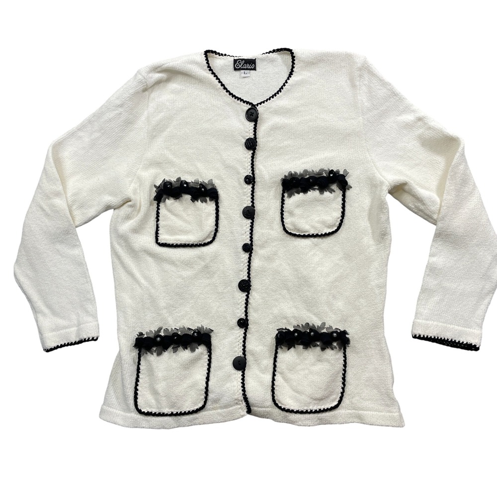 Elaris Large Cream Black Cardigan Button‎ Closure 100% Rayon (slight mark )